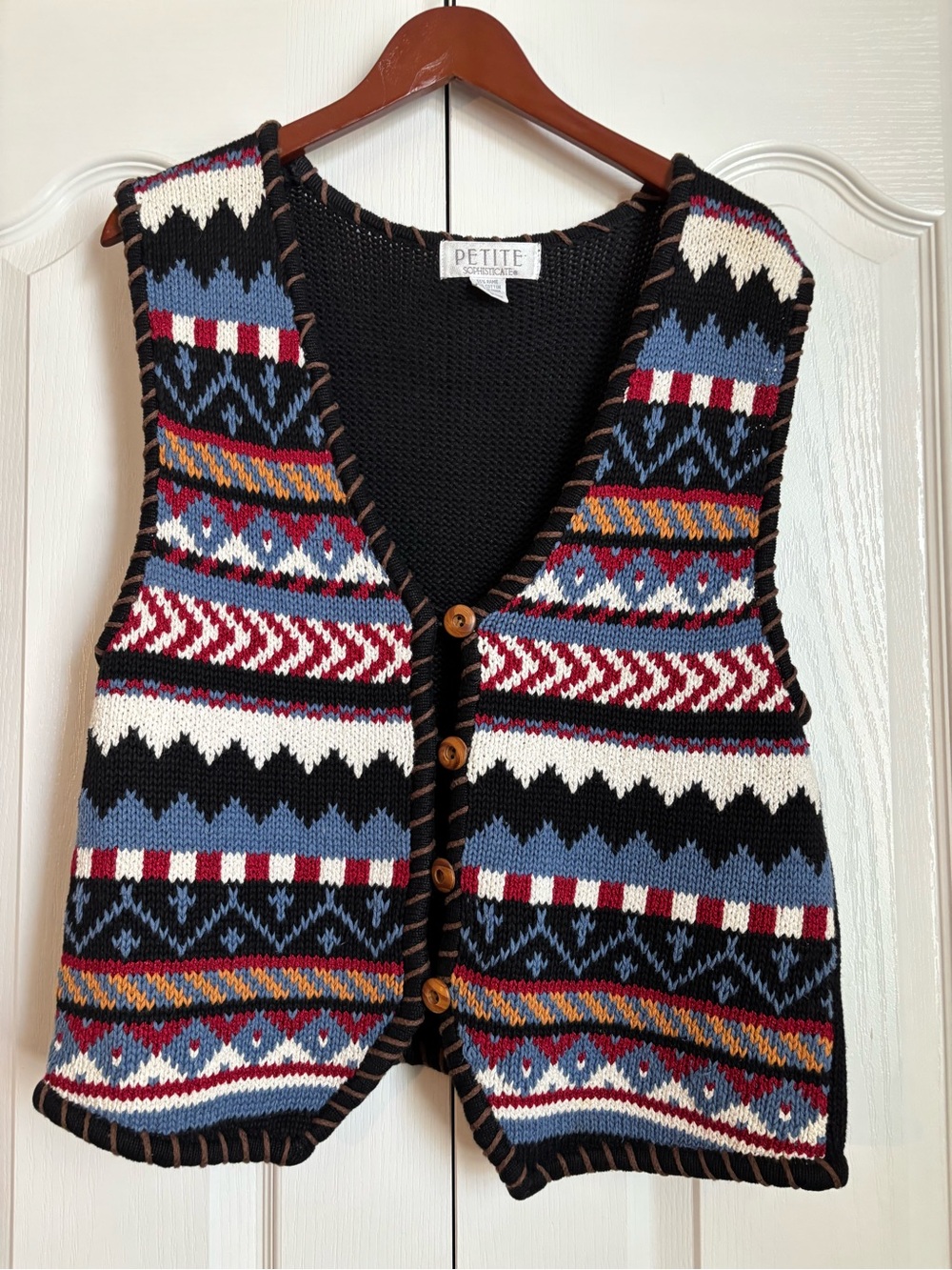 Petite Sophisticate Black Fair Isle Knit Button Vest with Blue and Red Accents